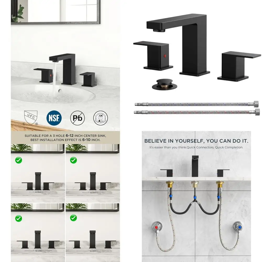 صنبور حمام بمقبضين واسع النطاق 8 باللون الأسود غير اللامع مع تصريف منبثق لـ 6-12 حوضًا #1