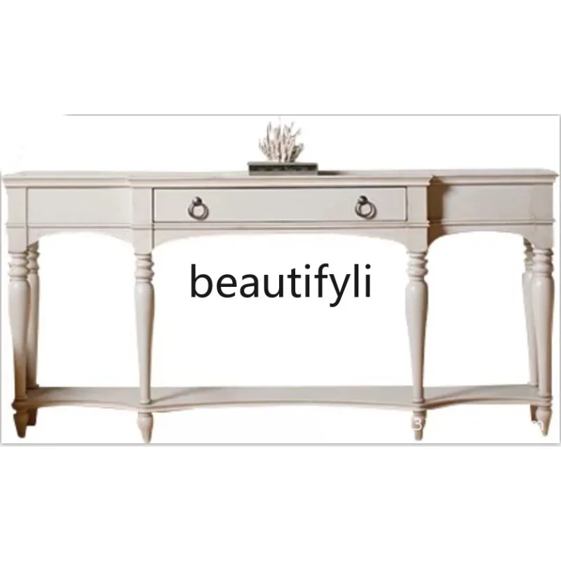 American Country Style Solid Wood Entryway Table Vintage White Distressed Entryway Console Partition Hallway Display Table