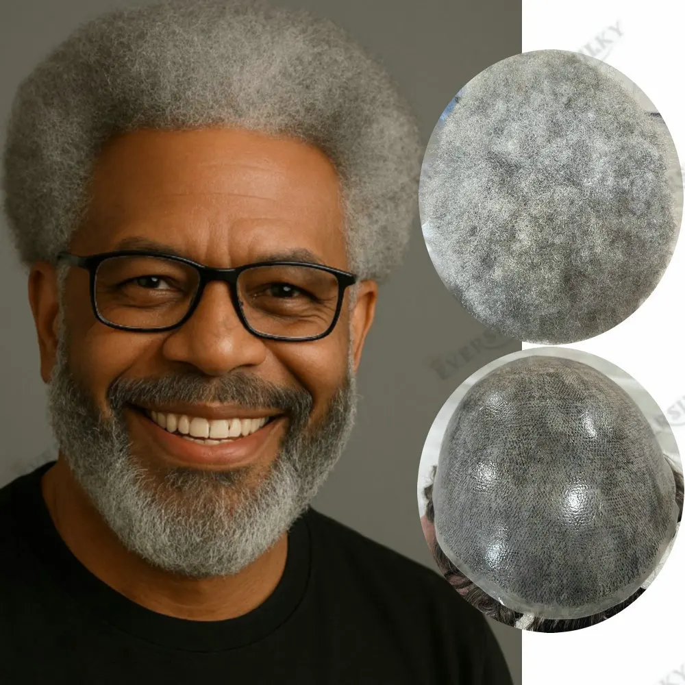 

6mm Afro Tight Curly Hairstyle Men's Toupee #1B80Gray Human Hair Prosthesis Capillary Durable Full Thin Skin Replacement System