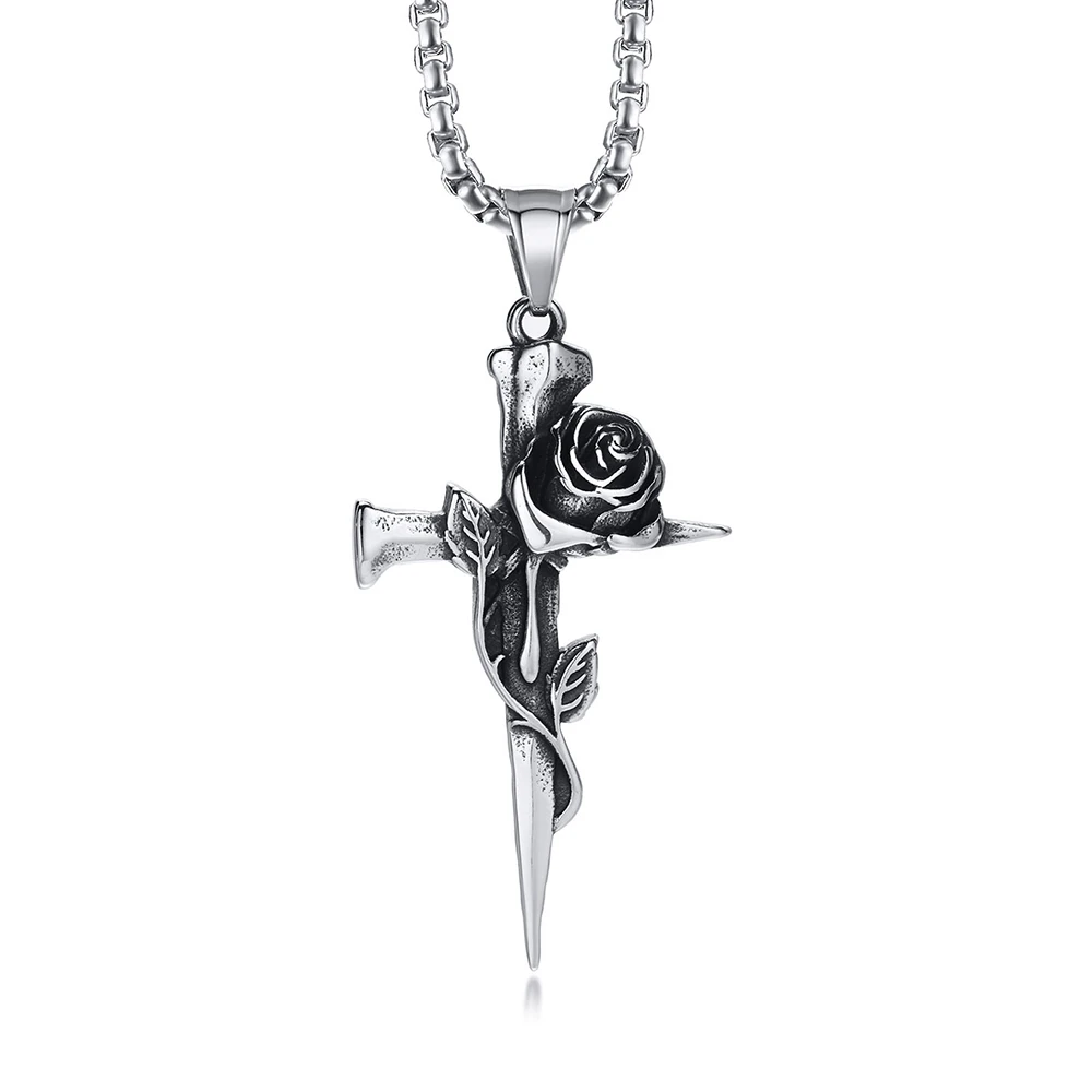 트렌디한 빈티지 장미 십자가 목걸이, 스테인레스 스틸 소드 펜던트, 자기 방어 부적, 고딕 펑크 쥬얼리 선물, 남녀공용 힙합