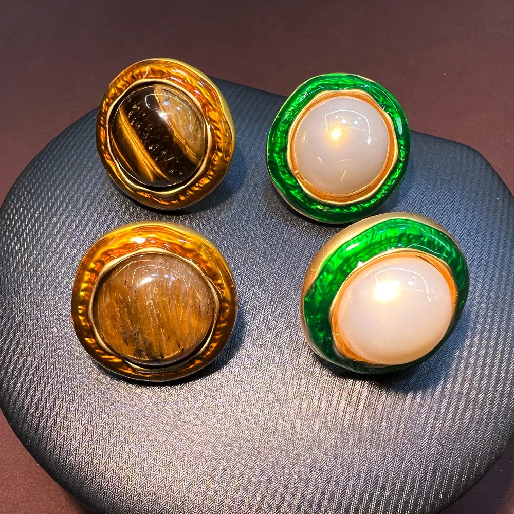 Maillard tiger's eye stone bright pearl round enamel stud earrings vintage premium light luxury S925 earrings