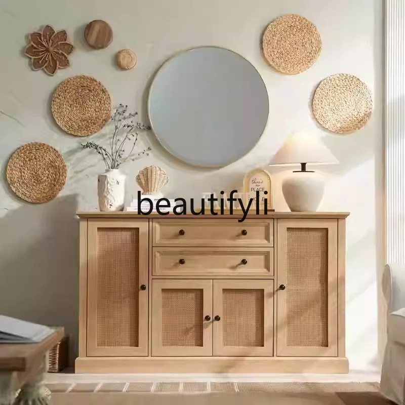

American Country Retro Rattan Woven Solid Wood Sideboard Cabinet Living Room Wall-Mounted Entryway French Storage Cabinet