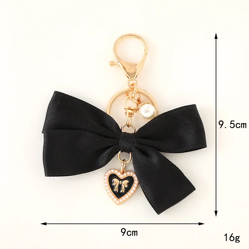 Sweet Satin Bow Keychain with Imitation Pearl Rhinestone Heart Charm Multi Color Elegant Bag Pendant Cute Women Bag Decor Gift