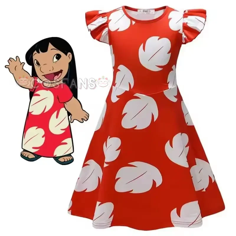 Girls Anime Cartoon Print Ruffle Short Sleeves Lilo Princess Dress Outfit Christmas Role Play Halloween Cosplay Costume