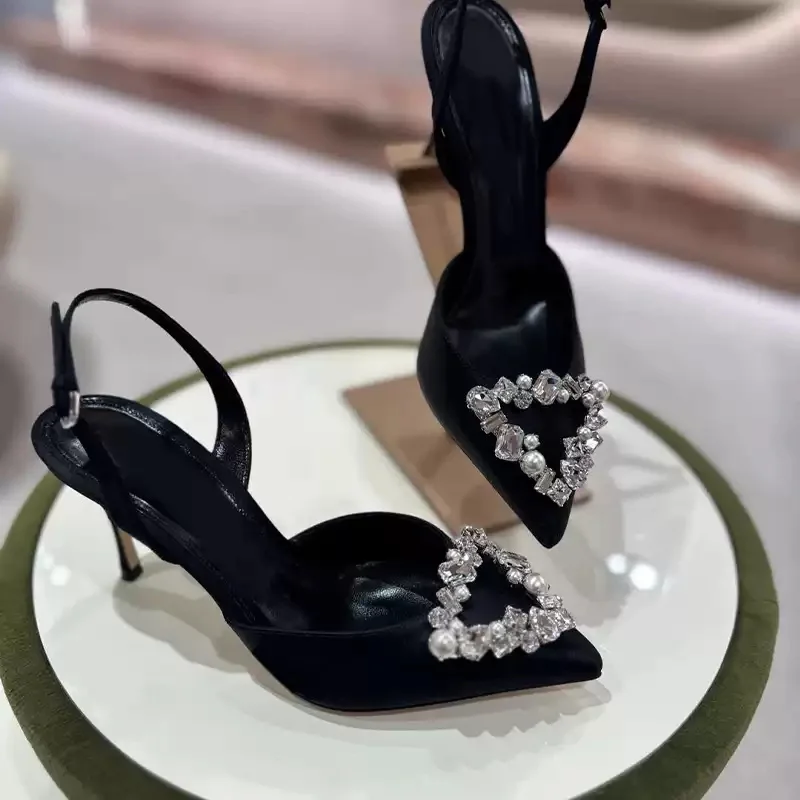 Women's Satin Pointed Toe Slingback Heels Crystal Pearl Heart Embellished Stiletto Pumps Elegant Bridal Shoes Luxurious Footwear