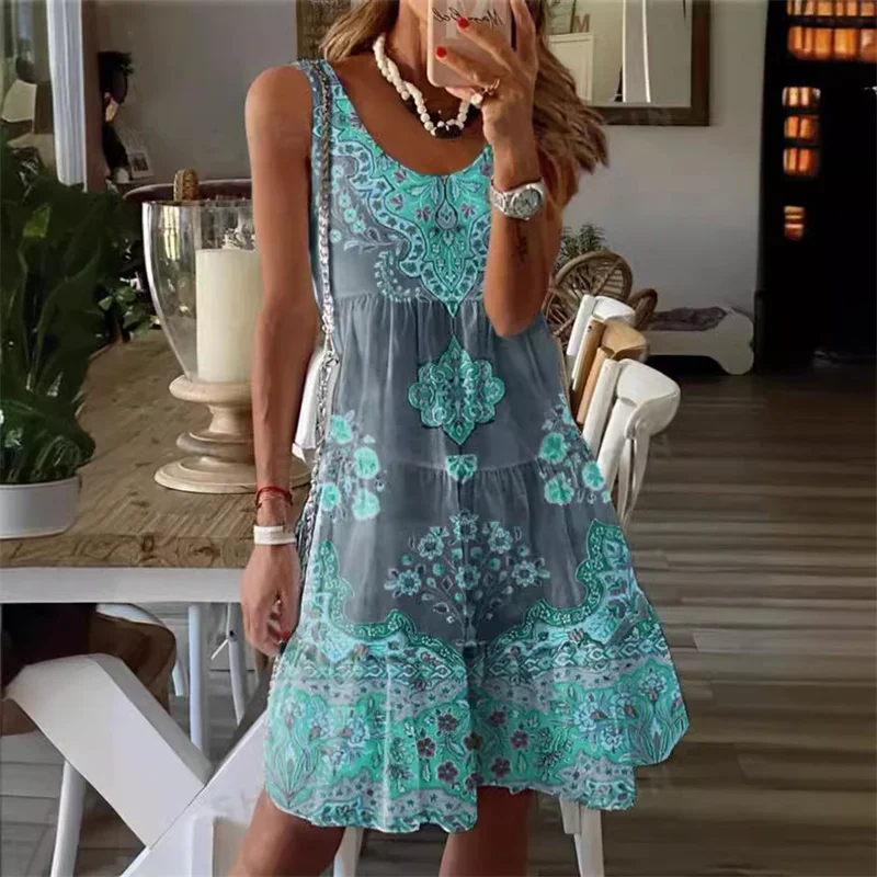 Elegant Women Ethnic Style Print Dresses High Waist Casual Vacation Loose Dress Summer O Neck Pullover Sleeveless Female Gown 24