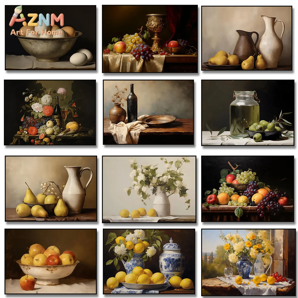 1 pieza de pintura en lienzo sin marco, naturaleza muerta de frutas antiguas: manzanas, limones, huevos, flores, aceitunas. Póster impreso vintage para cocina.