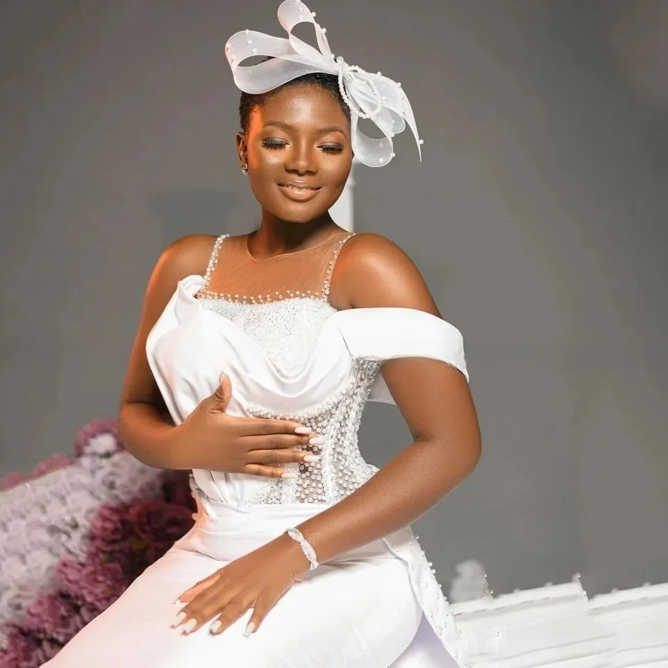 Customized Sheer Neck Shinny Beads Pearls Wedding Dress with Removable Skirt Robe De Mariée   Detachable Train Bridal Gown