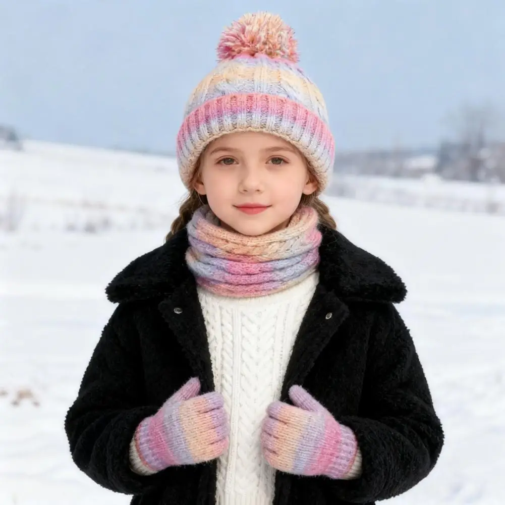 3Pcs/Set Kid Hat Scarf Gloves Set Rainbow Color Plush Ball Decor Knitted Hat Windproof Scarf Gloves Set Winter Accessories
