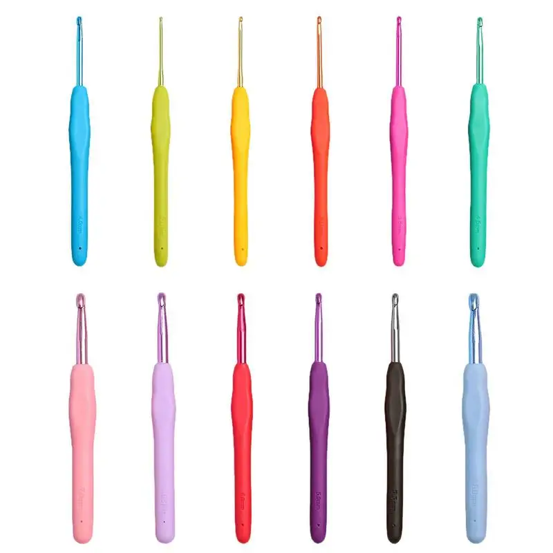Alumínio Crochet Ganchos para Iniciantes, Agulhas de Crochet Smooth Set com alça macia, Multicolor, Confortável, 12 Pcs