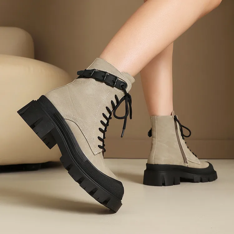 

Beige Combat Women Boots Platform Chunky Heel Lace Up Ankle Booties Side Zipper Casual Motorcycle Shoes