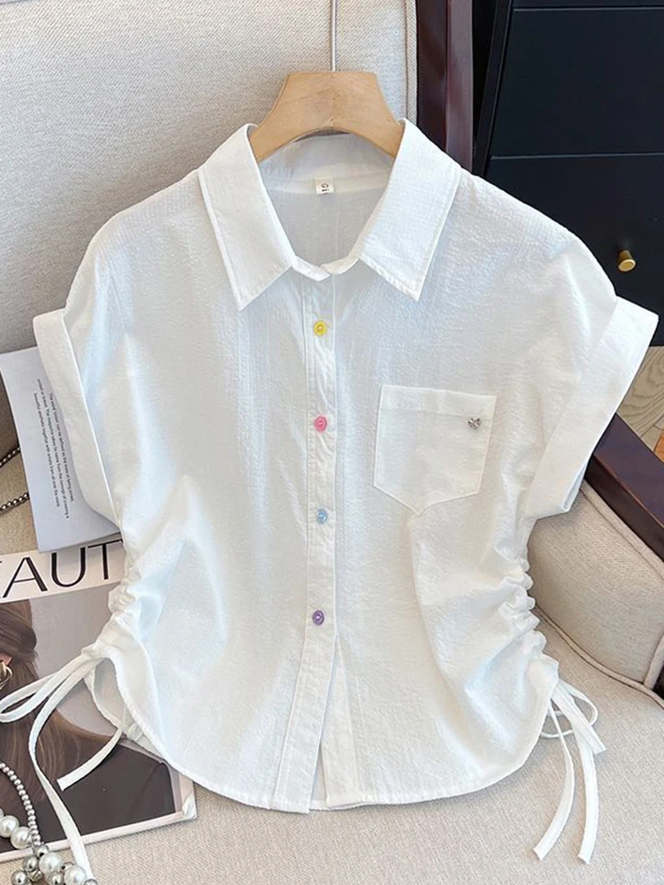 Koreańska urocza koszula w paski damska luźna z krótkim rękawem vintage bluzka codzienna letnia kolorowa z guzikami marszczeniami w stylu preppy topy