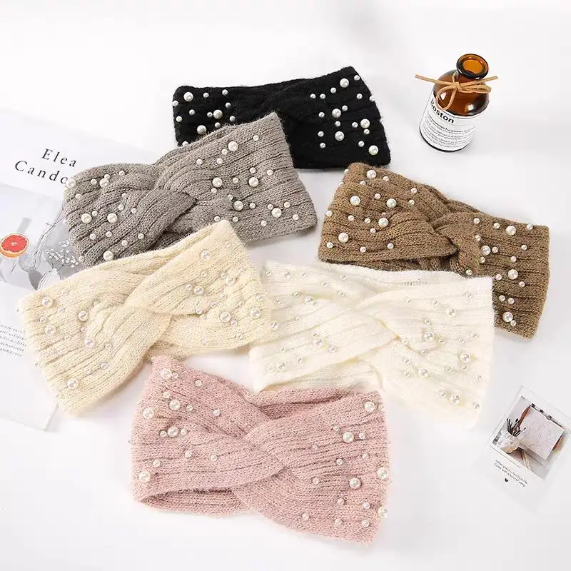 

Women Headband Solid Color Wide Turban Pearl Cotton Knitted Girls Autumn Hairband Korean Elastic Headwrap Ear Warmer Headdress
