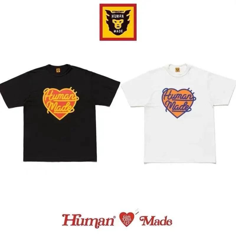 Human Made Heart Logo Loose Crewneck T-Shirt, Slub Cotton Casual Tee for Couple Unisex