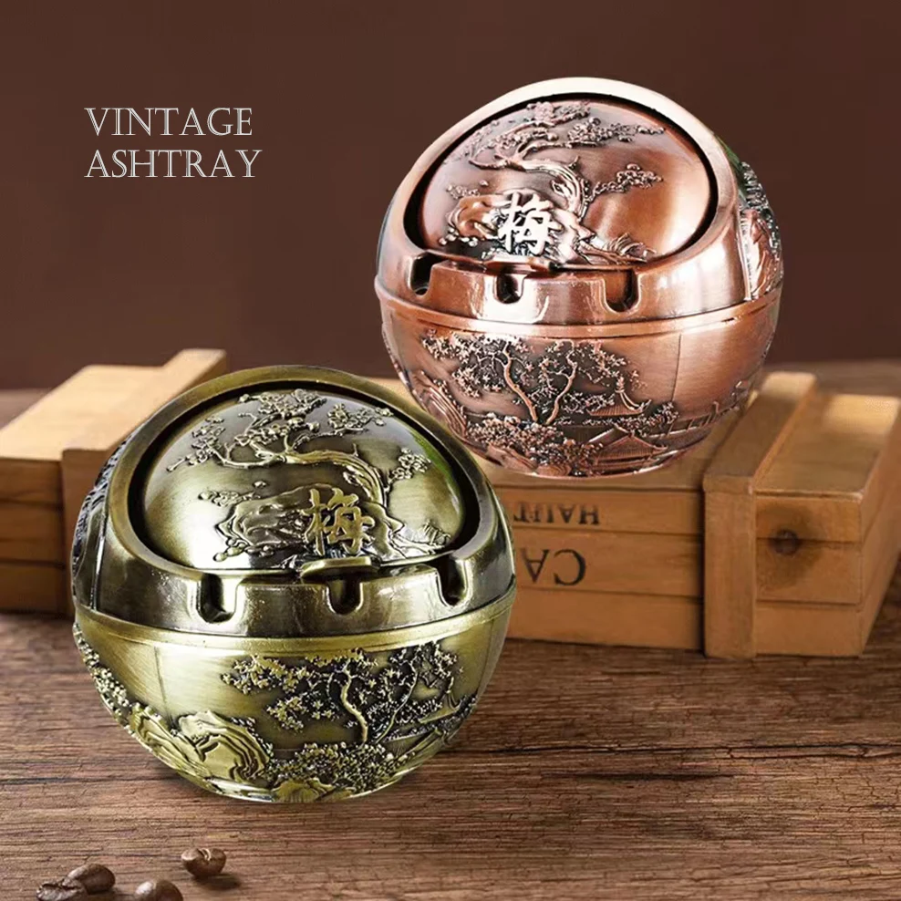 Large Spherical Ashtray, Plum blossoms, orchid, bamboo, chrysanthemum metal Ashtray with cover windproof, Smoking accessories