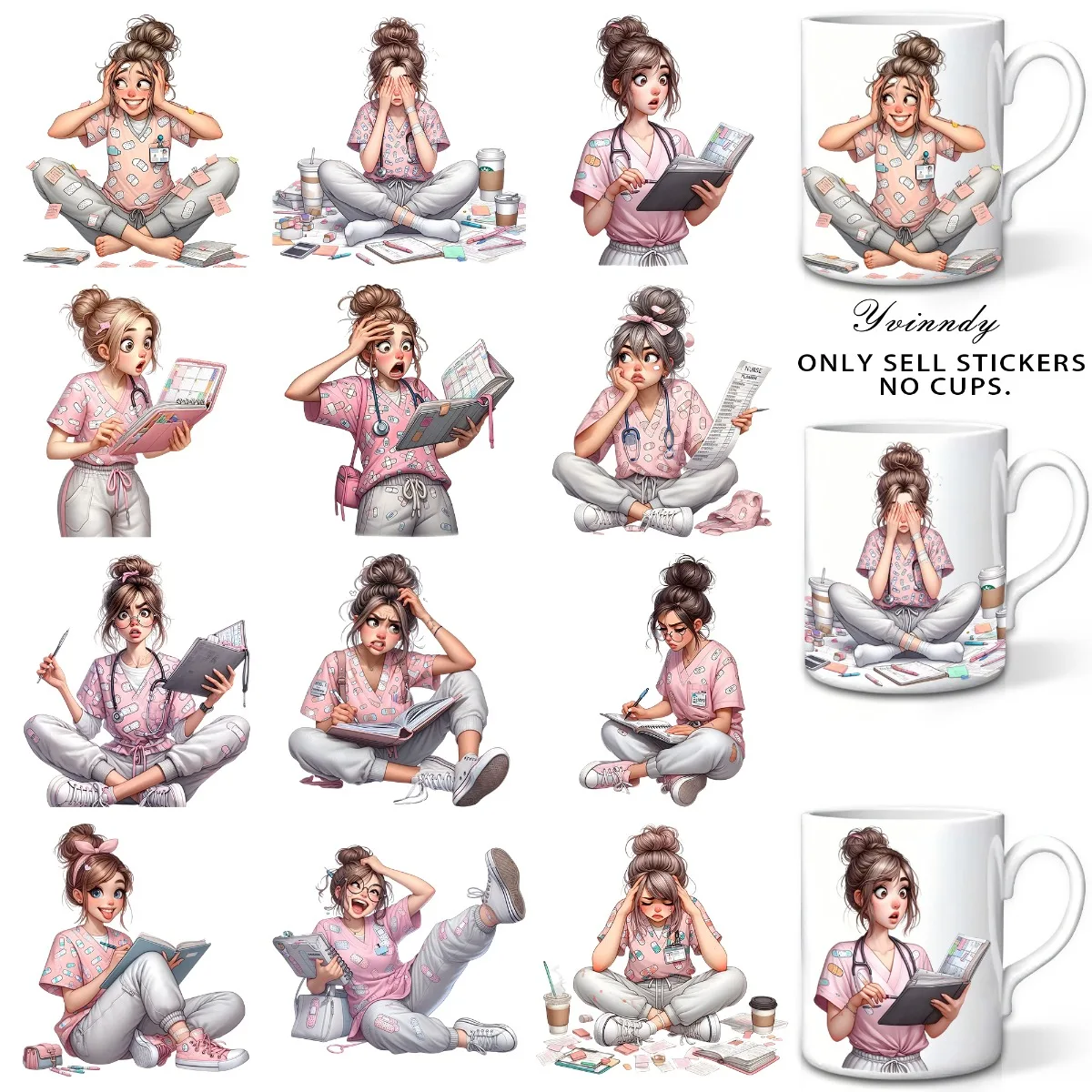 12 Stück/Set Busy Nurse UV DTF DIY Transferaufkleber für DIY-Becher (Nur der Transferaufkleber enthalten)