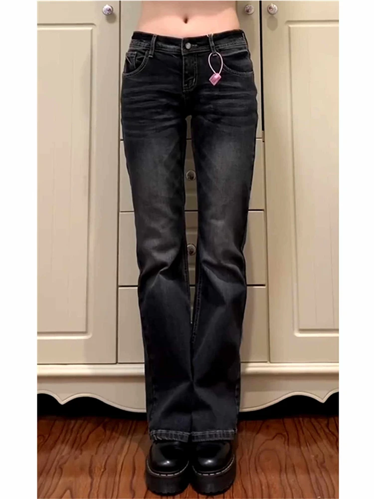

Женские расклешенные джинсы с низкой посадкой, черные джинсы Bootcut, джинсовые брюки в американском стиле ретро Y2k, японские джинсы в стиле Харадзюку 2000-х годов, узкие джинсы-клеш