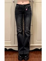 Women's Low Rise Flared Jeans Black Bootcut Jeans American Retro Denim Pants Y2k Japanese 2000s Harajuku Bell Bottom Skinny Jean