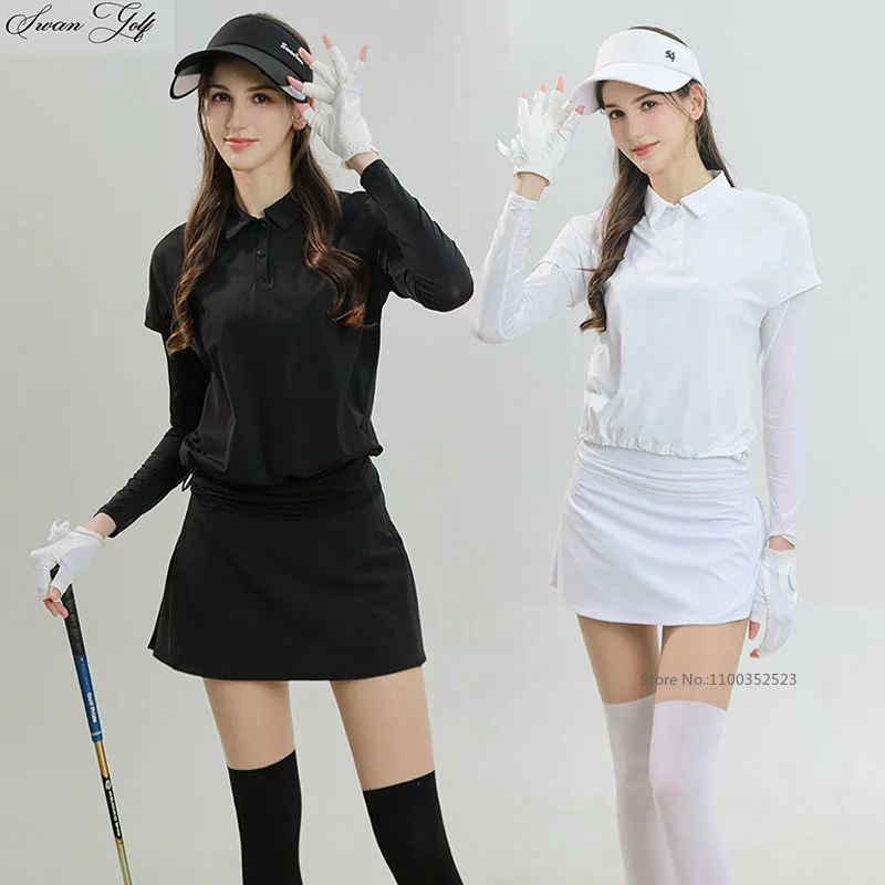 SG 2026 New Golf Polo Shirt Women Sunscreen Long Sleeve Shirt Ice Silk Fake Two-piece Cooling Top Lady Golf Pencil Skirts