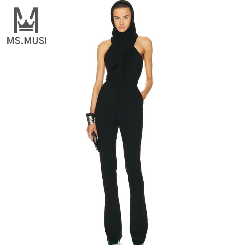 

MSMUSI 2024 New Fashion Women Sexy Halter Turban Hollow Out Sleeveless Backless Bodycon Party Club Flare Long Pant Lady Jumpsuit