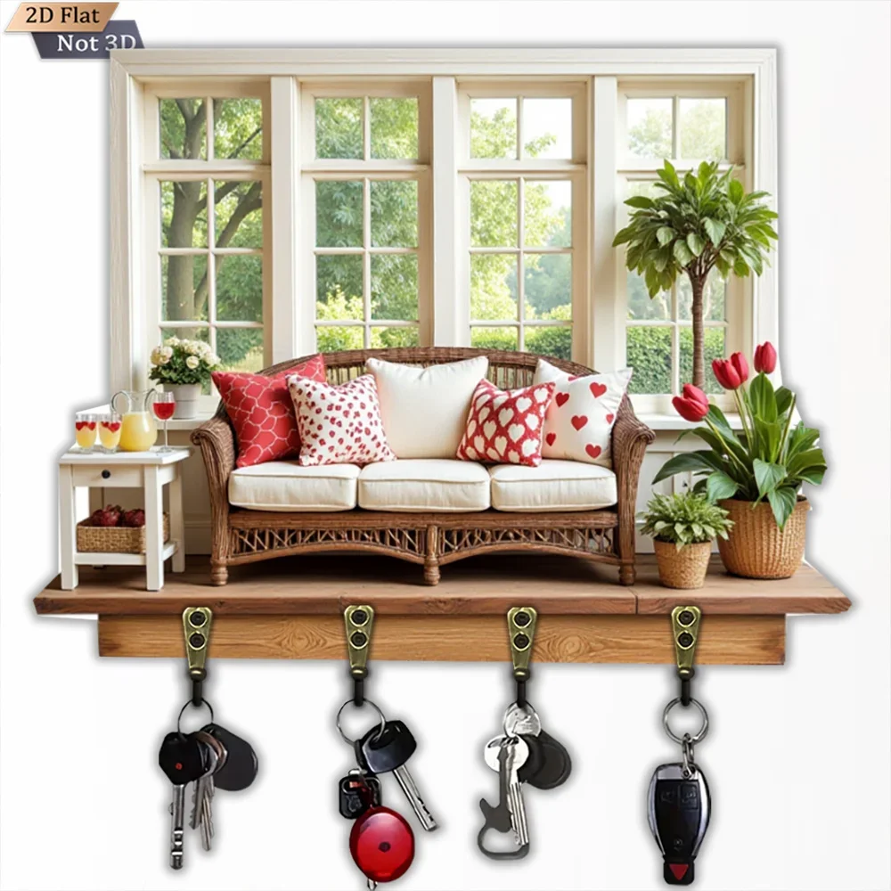 2D Flat, 1pc, Rustic Style Key Hook, Wooden Multifunctional Home Key Hook, with Four Metal Hooks, Wall Decor, Porch Decor, Room