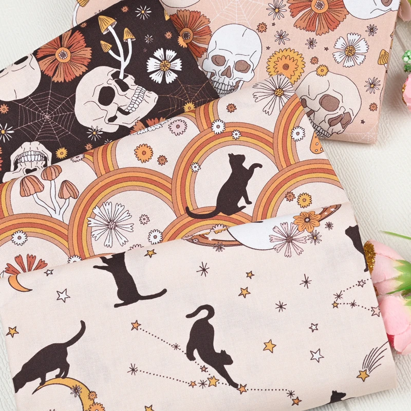 Plain Halloween Fabric, 100% Cotton, Skull, Cartoon, Cat Print, Handmade DIY Bag, Garment Dress, Sewing Cloth, CR-1765