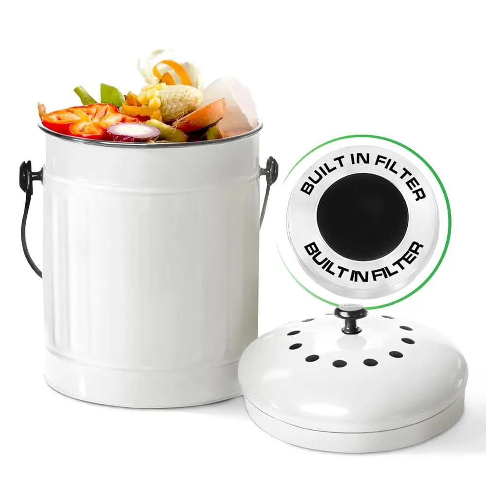

Countertop Compost Bin With Lid, White 1.5 Gallon Odorl Kitchen Compost Container, Steel Food Compost Bucket For Kitchen With