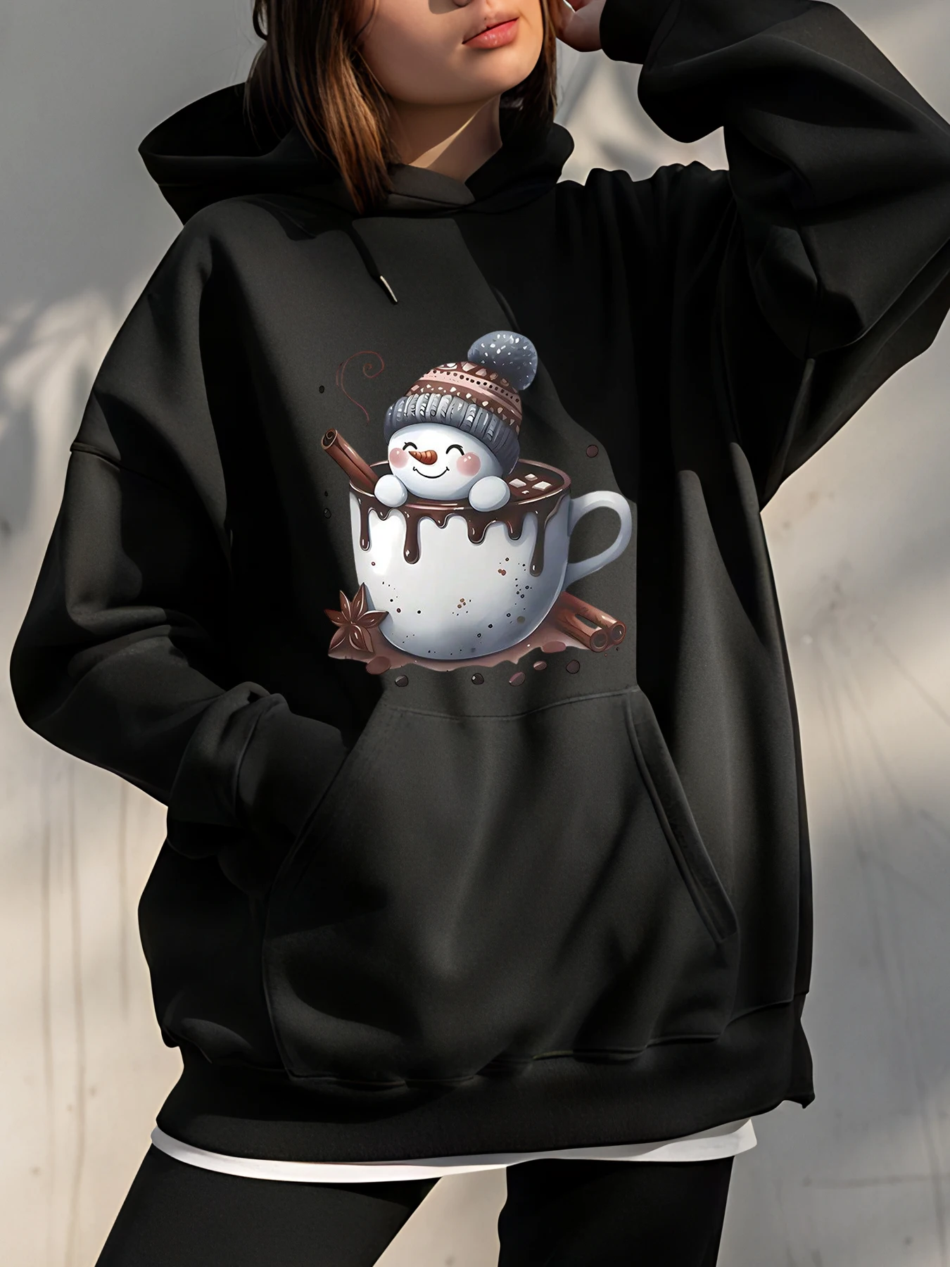 Christmas Snowman Print Mug Hoodie Cozy Winter Design Cute Character Print Warm Sweatshirt Holiday Style