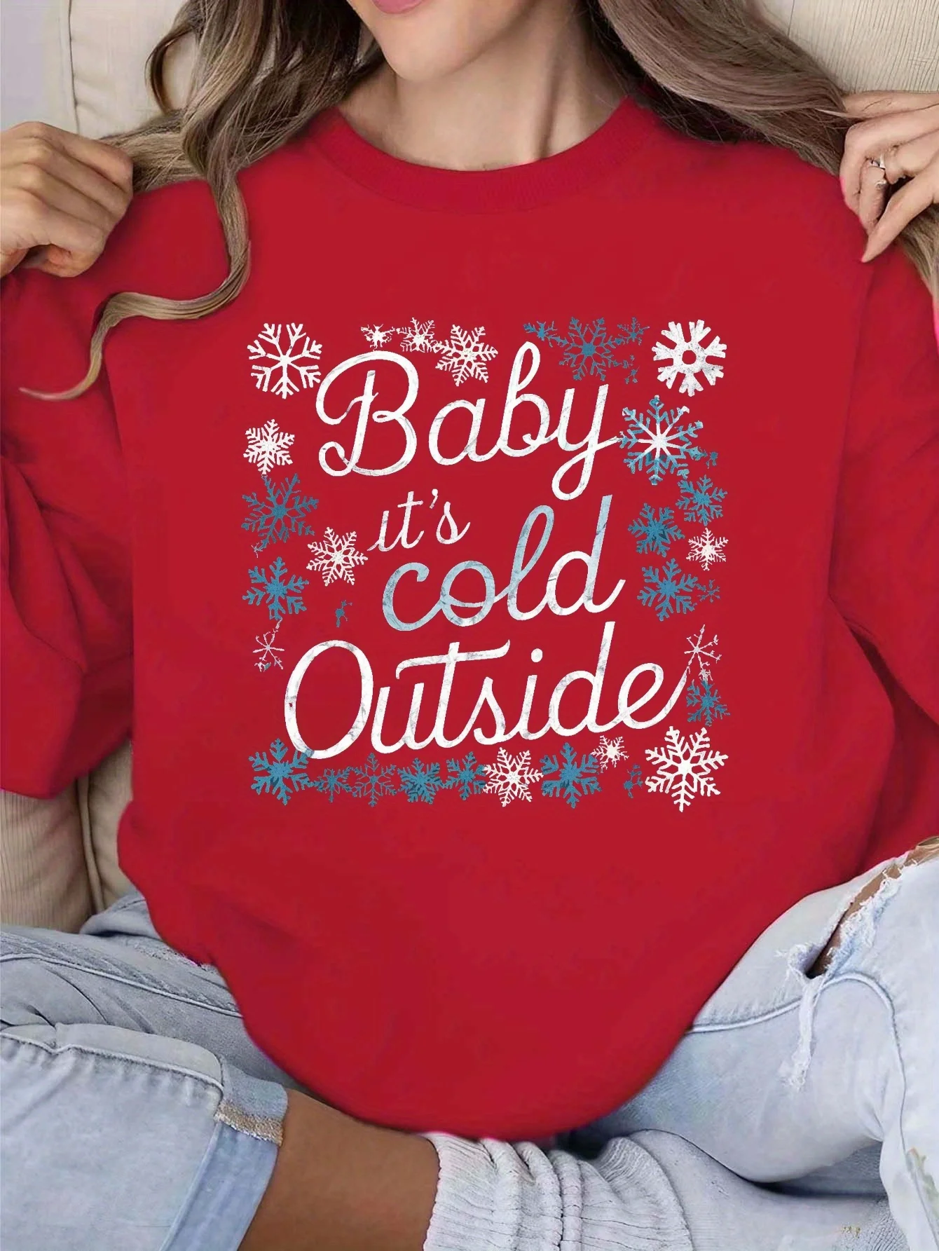 

Moleskine Casual Crew Neck with Snowflakes Print "baby It's Cold Outside", 100% Polyester Mesh Fabric, Geo Pattern