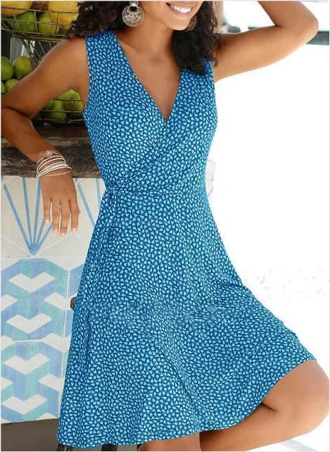 Summer New Amazon Foreign Trade WISH European and American Leisure Slim Fit Printed Lace up Sleeveless Dress for Women