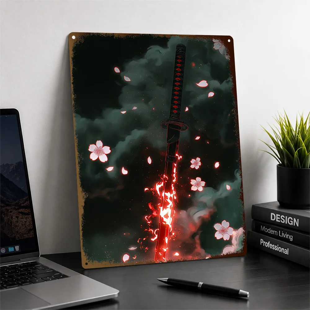 Fiery Katana With Cherry Blossoms Textured Poster Personalized Metal Tin Sign Vivid Dark Folklore Wall Art Belongs In Bedrooms