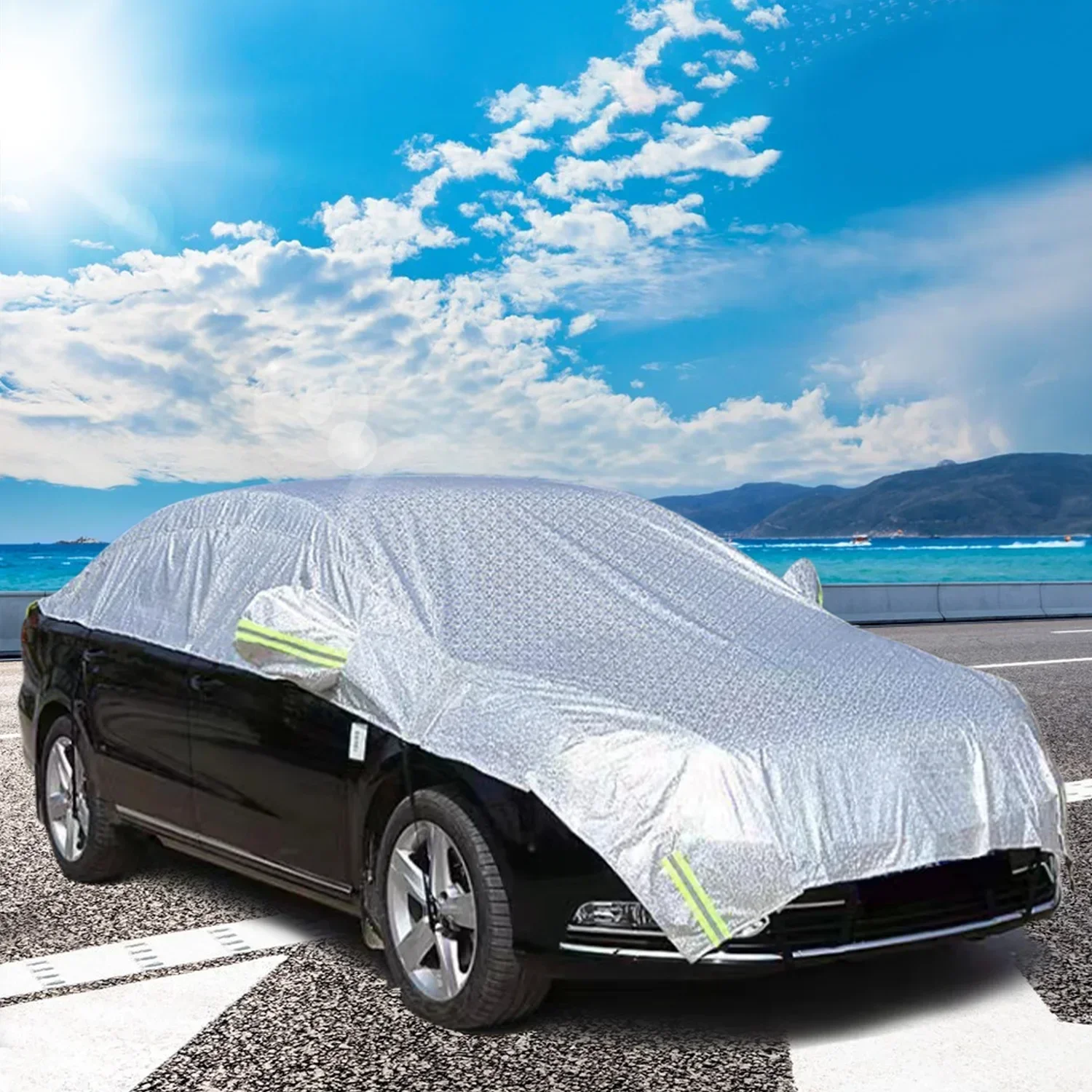 Sunshade, anti snow and dust car protector universal half car cover waterproof aluminum foil, suitable for sedan SUV