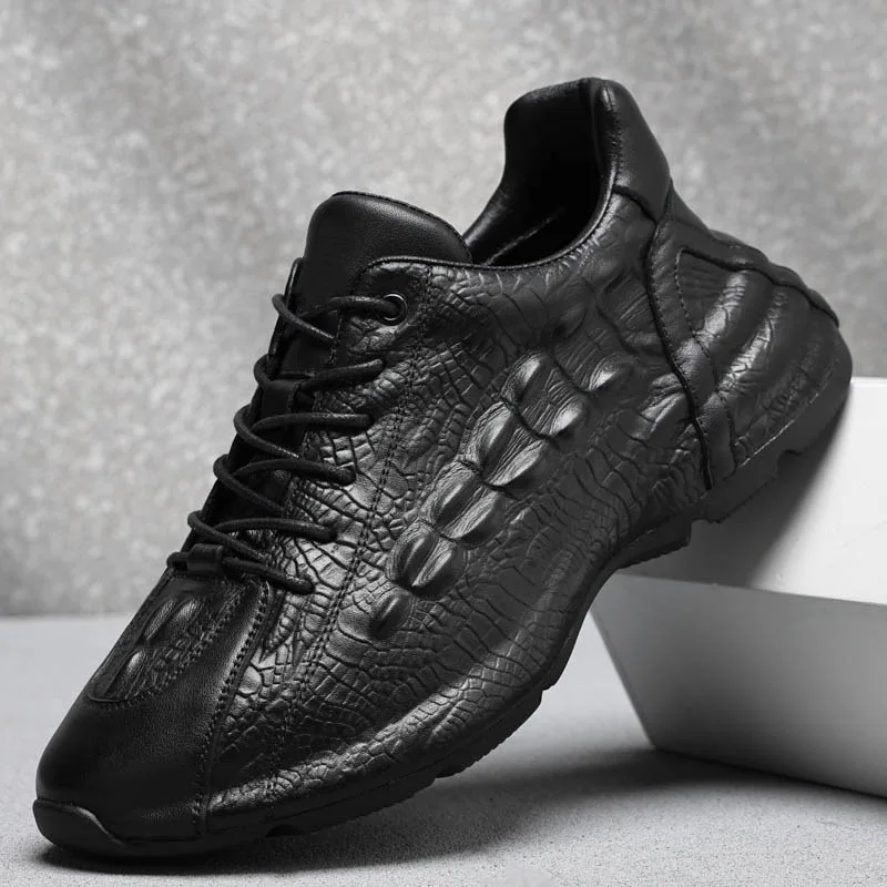 New Shoes for Men Genuine Leather Casual Shoes Trend Crocodile Print Sport Shoes Cool Black Lace-up Chunky Sneaker