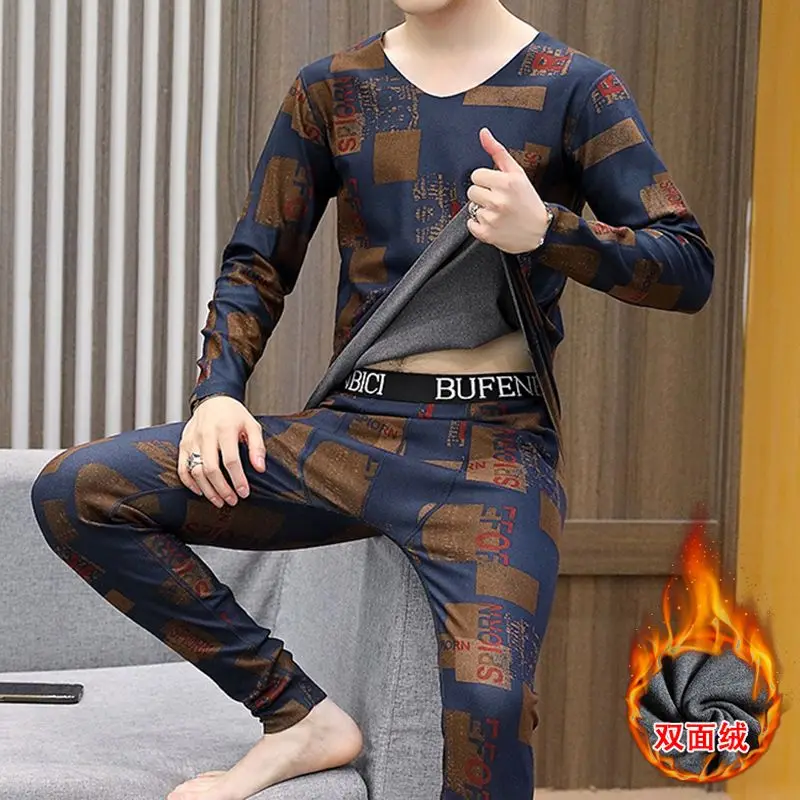 가을과 겨울 무봉제 따뜻한 속옷 남성용 양면 독일 벨벳 세트 청년용 브이넥 롱존 잠옷 세트