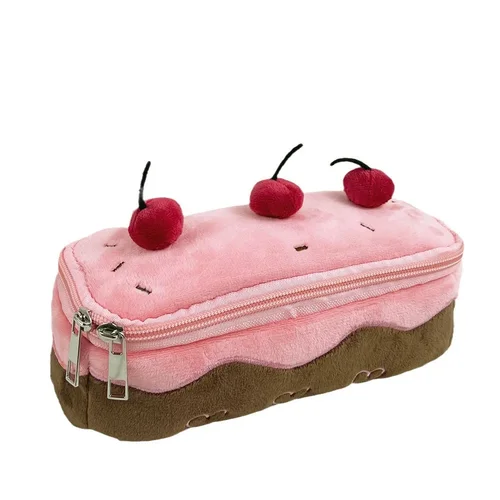 Bolsa para bolígrafos con forma de pastel de peluche, almacenamiento exquisito de cereza, gran capacidad, bolsa de papelería avanzada para estudiantes, bolsa para lápices de papelería coreana