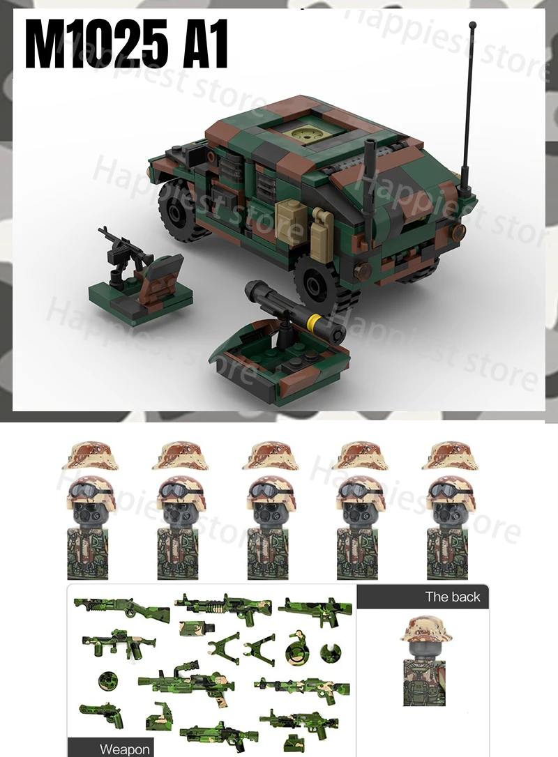 MOC Armored Hummered Car Building Blocks Assault Vehicle Model WW2 Military Weapons US Soldiers Figures Bricks Kids Toys