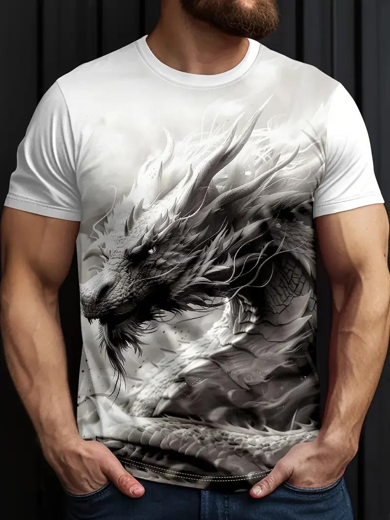 Men‘s T-Shirts 3D Dragon Print Short Sleeve Casual O Neck Pullover Street Outdoor Tops Tee Outdoor Sportshirt Oversized Clothing image 4