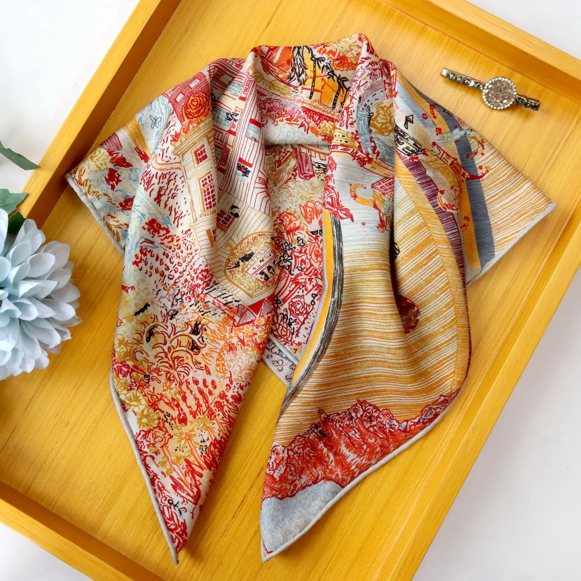 

70% Wool 30% Silk Winter Scarf for Women Winter Vintage Orange Print Neck Scarves Headscarf Muffler Ladies Accessories