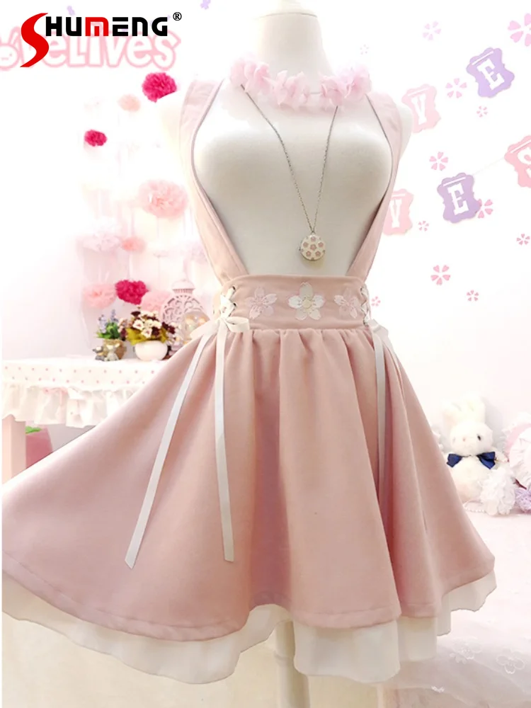 

Japanese Sytle Cute Girl Pink Cherry Blossom Embroidered Suspender Skirt Summer Pleat Lace-up Bow Bandage Strap Skirts for Women