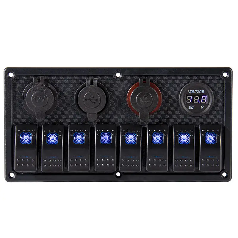 12V 24V Waterproof Marine Rocker Switch Panel 8 Gang Boat Switch Panel with Voltmeter Dual USB Charger for RV Yacht