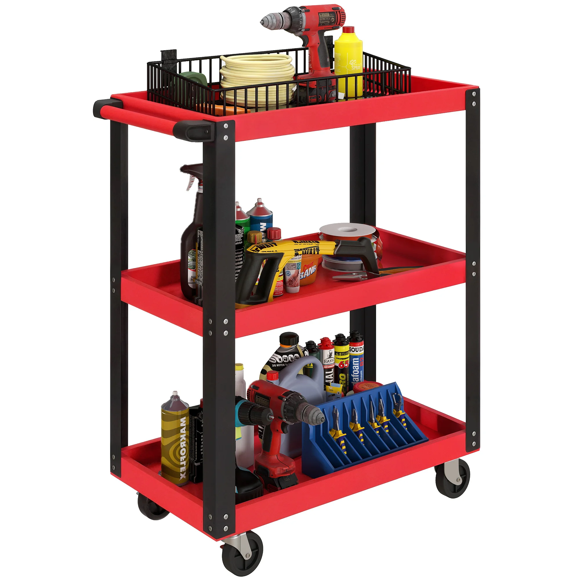 HOMCOM Carro de Herramientas con 3 Estantes Ruedas y Asas para Garaje Mecánico Hogar Carga 120 kg Rojo y Negro