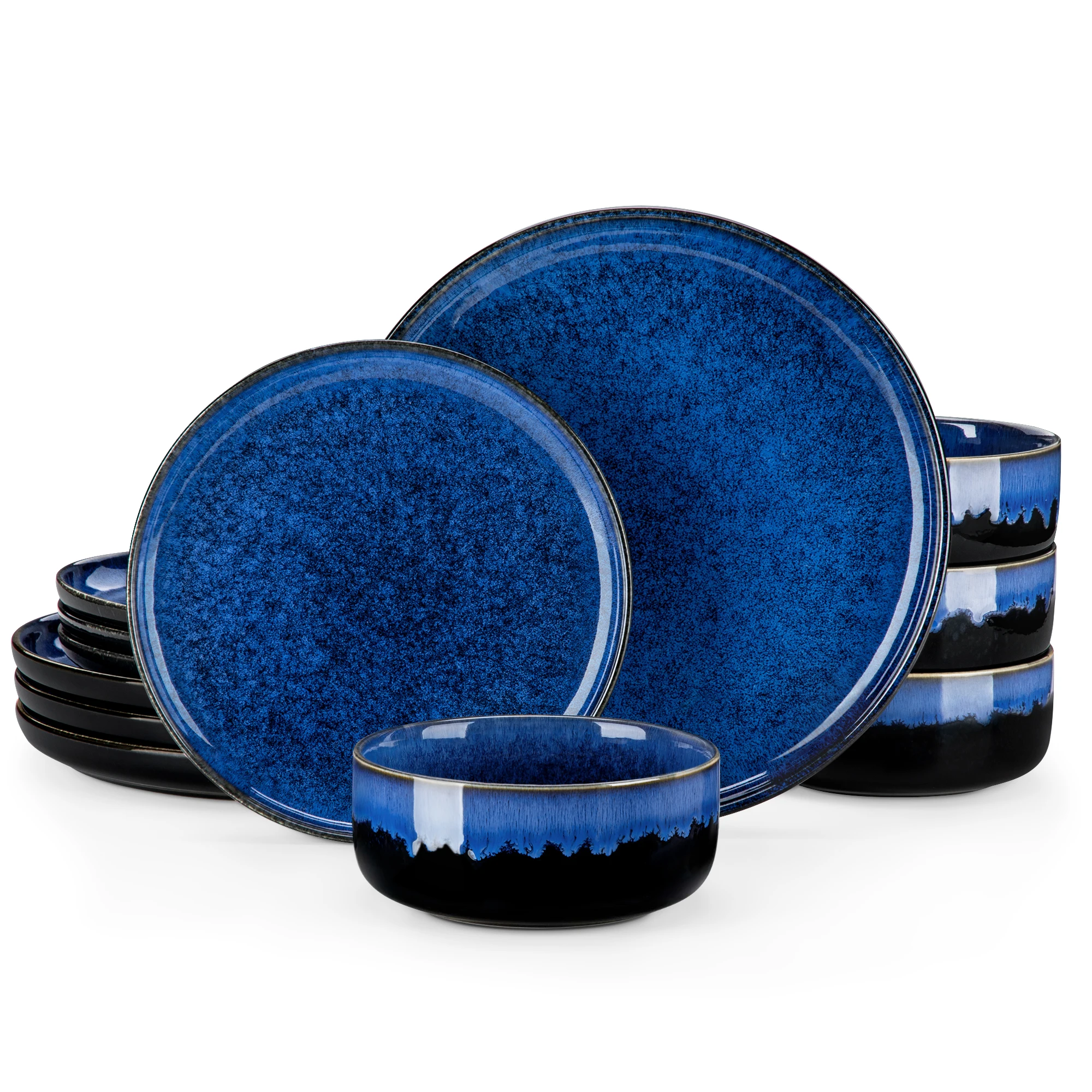 

Набор посуды Vancasso из 12/24 предметов: керамические тарелки с реактивной глазурью «Звездное небо», включая 4 обеденные тарелки, десертные тарелки и миски.