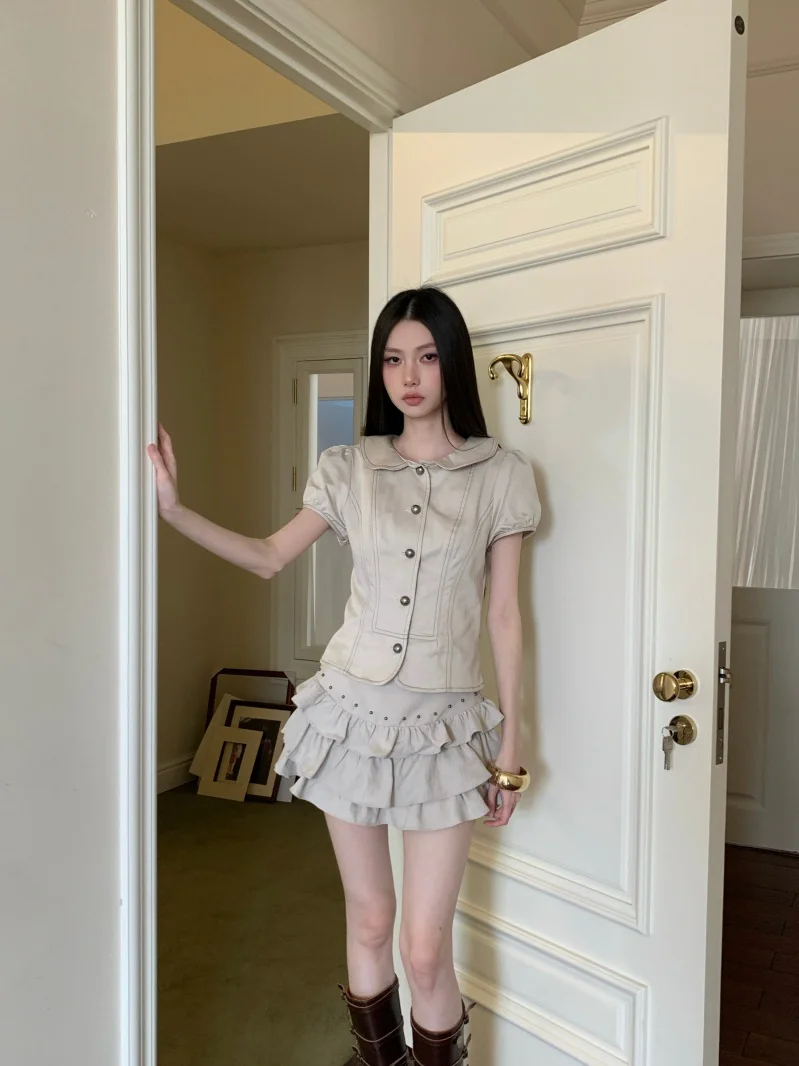 Sweet Cool Spicy Girl Design Cotton Blend Peter Pan Collar Bubble Sleeve Anti-Aging Top Set Huaibei Summer Women's Hanfu view 3