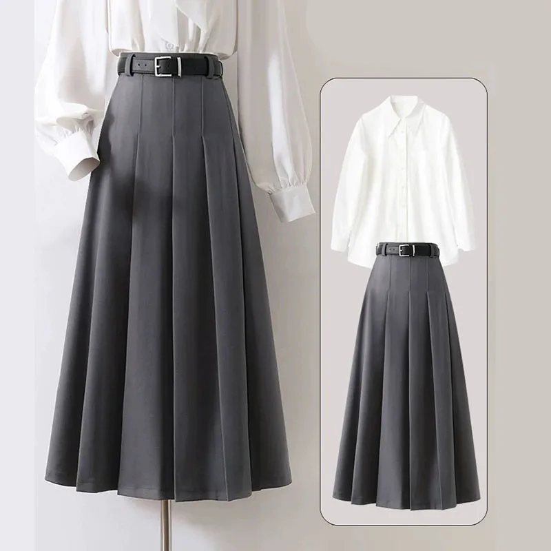 Korean Style Women's Pleated Skirts Elegant Fashion Loose with Belt Maxi Skirts Female Autumn Winter New Harajuku Y2K Long Skirt