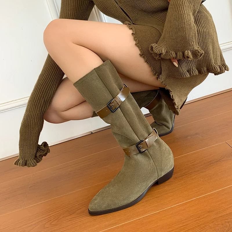 Dropshipping British Belt Buckle Leather Chelsea Boots Pointed Head Square Heel Skinny Pile Boots Sexy Women's Boots 34&40