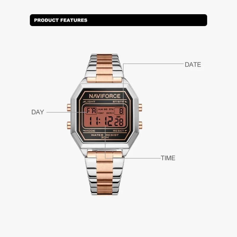 NAVIFORCE ساعة إلكترونية فاخرة للسيدات عرض التاريخ وضع مضيء LED مصباح 3ATM مقاوم للماء حزام من الفولاذ المقاوم للصدأ ساعة أنيقة