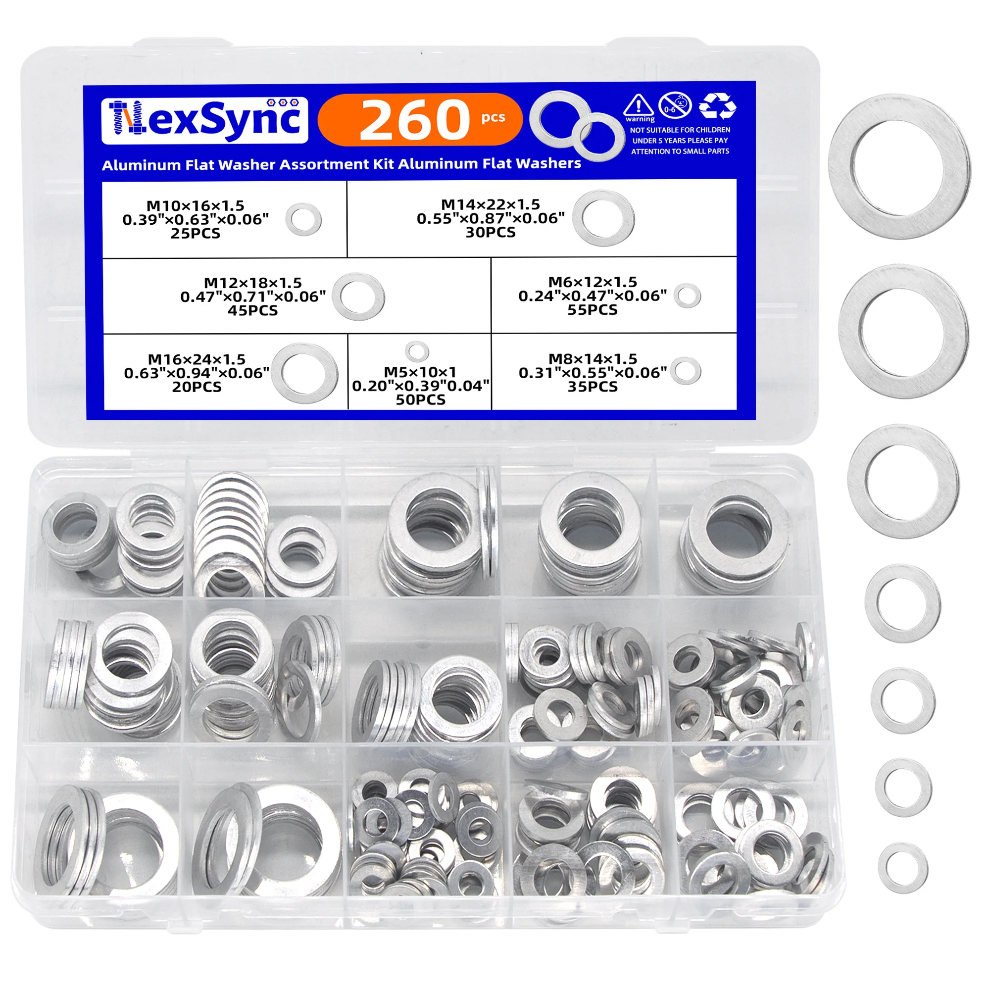 260pcs Aluminum Crush Washer Oil Drain Plug Gasket Assortment Kit, 5/6/8/10/12/14/16mm Replacement for Honda Acura Civic