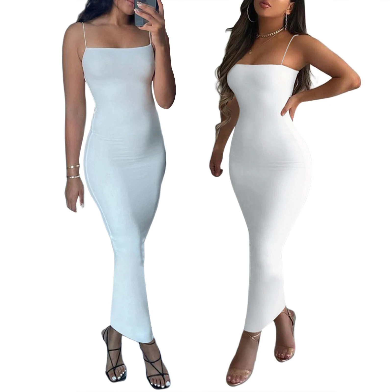 Women s Sexy Bodycon Midi Dress Sleeveless Spaghetti Strap Solid Color Club Cocktail Dress