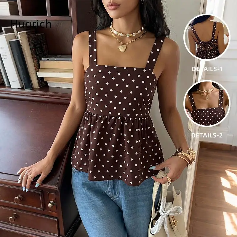 Women's Brown Polka Dot Square Neck Peplum Tank Top Sleeveless Back Tie Detail Summer Casual Blouse