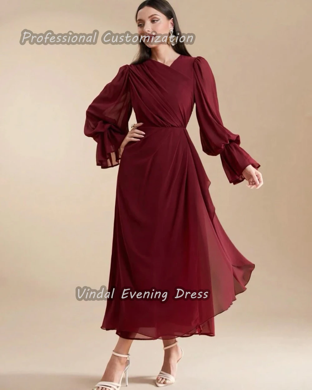 Vindal Ankle length V-Neck A-Line Ruffle Prom Dress luxurious Chiffon Breast Padding Elegant Long Sleeves  السعود For Woman 2024